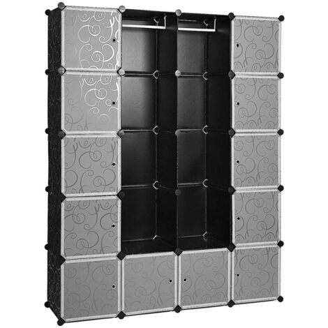 SWANEW Armadio Modulare. Guardaroba Salvaspazio a Cubi. Scaffale Componibile Portaoggetti con Ante e Appendiabiti. Organizzatore per Camera da Letto 20 griglie nero. stampa decorativa (1/5)