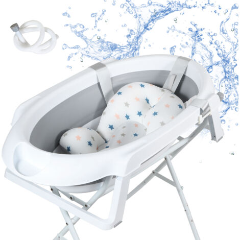 SWANEW Vasca da bagno per bambini con telaio con portata di 10 kg - Vasca da bagno per bambini pieghevole con cuscino per il bagno, grigio