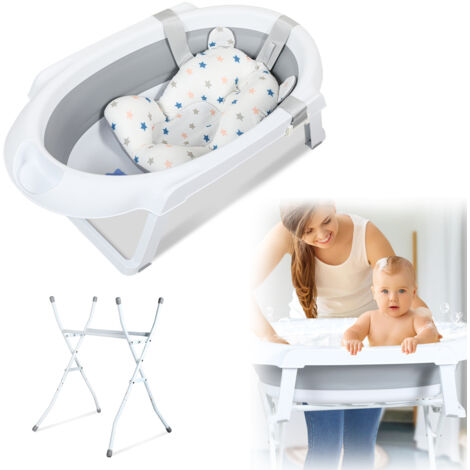 SWANEW Vasca da bagno per bambini con telaio con portata di 10 kg - Vasca da bagno per bambini pieghevole con cuscino per il bagno, grigio