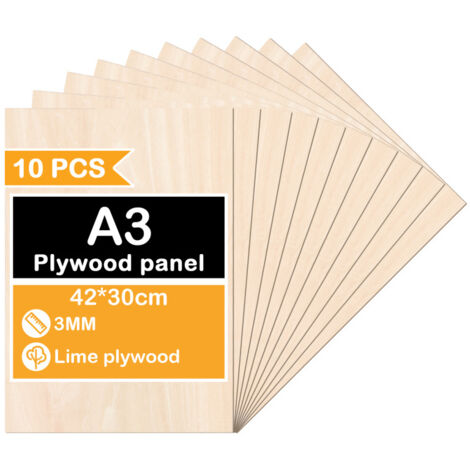 SWANEW 10 pezzi Foglio di legno A3 420 x 300 x 3 mm Grezzi sottili di compensato Foglio perfetto per seghetto, pirografia, taglio laser, traforo, router CNC (1/5)