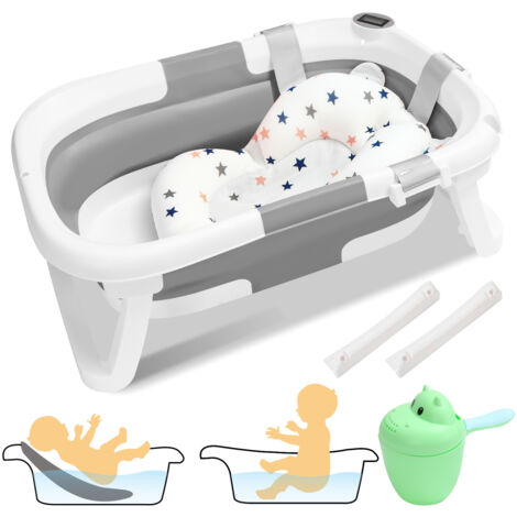 SWANEW Vaschetta da bagno pieghevole con termometro e cuscino da bagno - Vaschetta da bagno pieghevole da 60,5 cm - Grigio (1/5)
