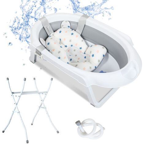 SWANEW Vasca da bagno per bambini con telaio con portata di 10 kg - Vasca da bagno per bambini pieghevole con cuscino per il bagno, grigio