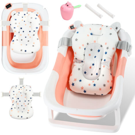 SWANEW Vaschetta da bagno pieghevole con termometro e cuscino da bagno - Vaschetta da bagno pieghevole 60,5 cm - Rosa
