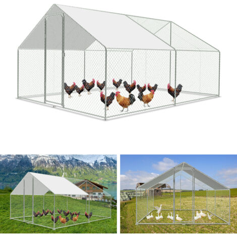 Pollaio da esterno Tetto per pollaio, acciaio zincato Piccolo pollaio Copertura da esterno con protezione solare Gabbia per polli, 3 x 4 x 2 m