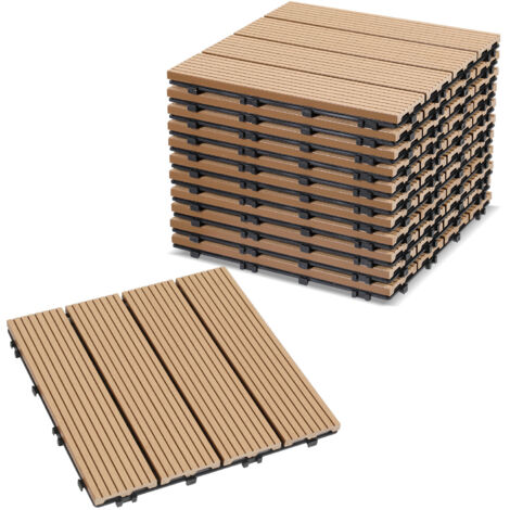 SWANEW Piastrelle per terrazza 1 mq, piastrelle in WPC 30x30 cm, 11 pezzi di piastrelle a clic, piastrelle per balcone, piastrelle in legno, resistenti alle intemperie, antiscivolo, teak - 4 strisce (1/5)