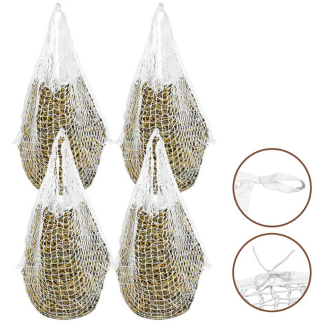 SWANEW Rete da Fieno Maglia Bianca Borsa da Fieno a Forma di Fieno per Tutta la Giornata Grande Borsa per Mangime con Piccoli Fori per Cavalli 4 pezzo 120 x 90 cm