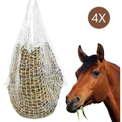 SWANEW 4x Rete Fieno per Cavalli Sacche per Fieno per Cavalli. Rete Fieno con Piccoli Fori. Sacco in Rete Tessuta Borse 120 x 90 cm maglie 3x3cm Bianco