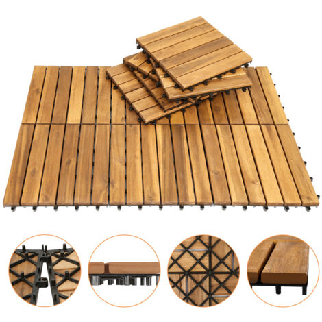 SWANEW Piastrella in legno di acacia 30 x 30 Piastrelle a incastro Piastrelle per balconi Piastrelle per terrazze Piastrelle in legno per terrazze Sistema a incastro Per esterni 33x