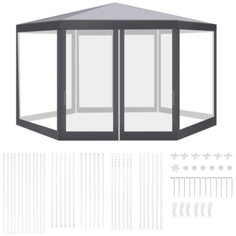 SWANEW Tenda esagonale per feste protetta dai raggi UV 10 m² stile accogliente metallo poliestere superficie impermeabilizzata circa 10 m² grigio
