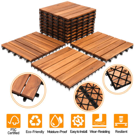 SWANEW Piastrella in legno di acacia 30 x 30 Piastrelle a incastro Piastrelle per balconi Piastrelle per terrazze Piastrelle in legno per terrazze Sistema a incastro Per esterni 55x