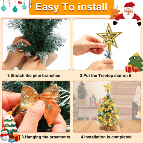 Mini albero di pino di natale artificiale con luci e ornamenti a LED, Albero di natale da tavolo da 64cm