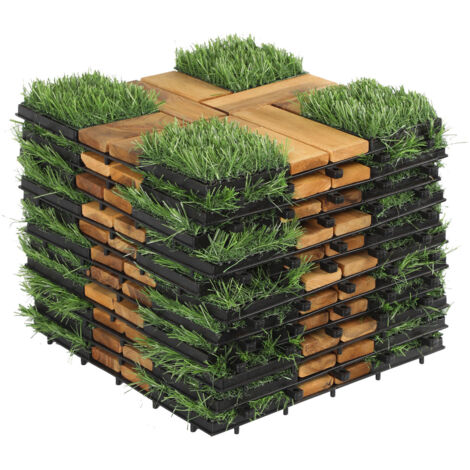 Jopassy Set di 22 piastrelle in legno per terrazze con erba sintetica 2 m², 30 x 30 cm, piastrelle a incastro