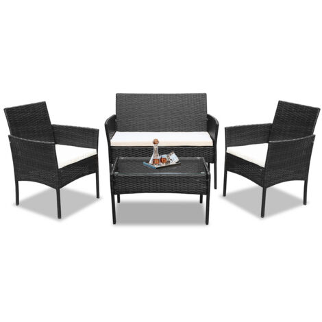 Jopassy Set di mobili da giardino in resina intrecciata - 4 posti - Divano + Poltrona + Tavolo + Cuscini per seduta Nero (1/5)