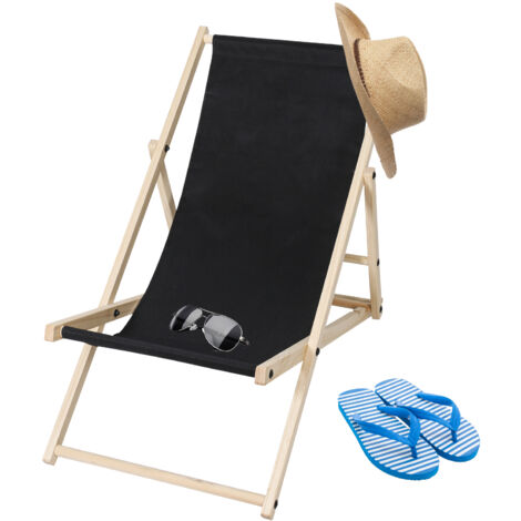 VINGO Lettino pieghevole in legno Chilian sedia da spiaggia sedia a sdraio giardino esterno Nero (1/5)