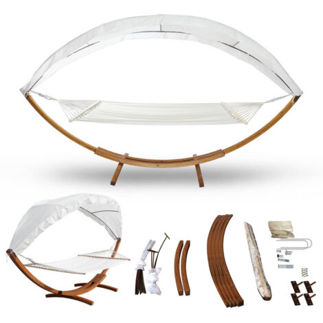SWANEW Amaca con supporto. supporto e tela per amaca con baldacchino. autoportante 2 posti XXL 415 m metri bianco - Supporto per amaca in legno (1/5)