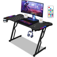 Jopassy Scrivania da gioco a LED 140 x 60 cm, scrivania per videogiocatori con tappetino per mouse, tavolo da gioco per PC in fibra di carbonio con gancio per cuffie, modello base