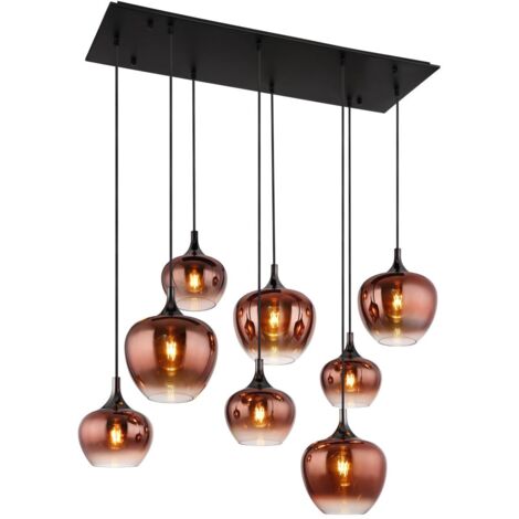 Globo – Suspension lampe suspendue 8 abat-jours en verre cuivré – Métal noir mat – Longueur 940mm – Éclairage moderne pour salle à manger (1/5)