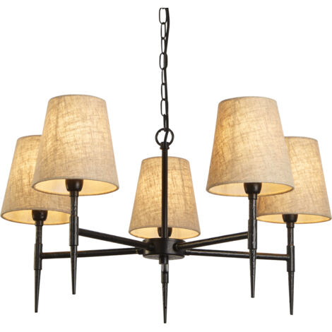 Searchlight Gothic Luminaire suspendu à 5 lumières, noir martelé, lin naturel (1/5)