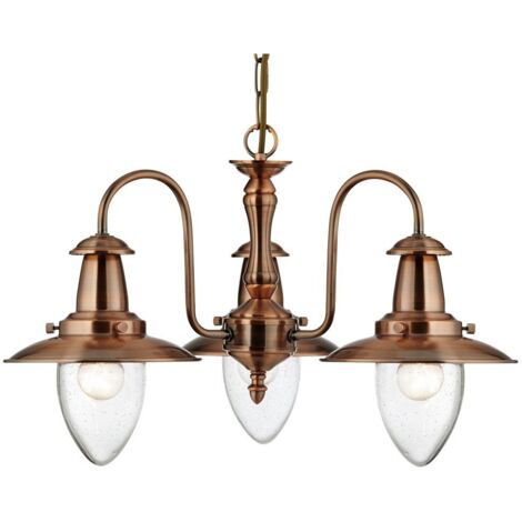 Pêcheur, plafonnier 3 flammes, cuivre Avec abat-jour en verre peint, clair dimmable (1/3)