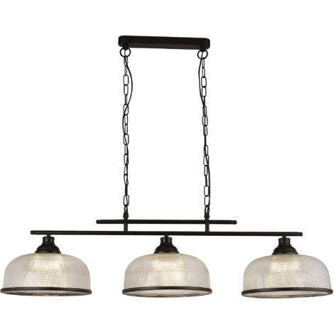 Searchlight Highworth Suspension barre à 3 lumières noire, verre de style Holophane (1/5)