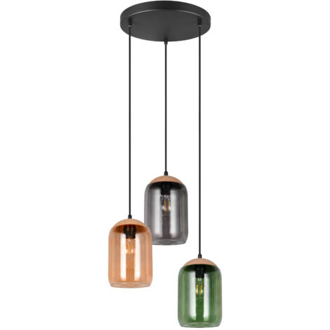 Suspension en verre 3xE27 max 10W – Abat-jours ambre, vert et fumé – Hauteur ajustable 150 cm – 364630317 – Trio Lighting