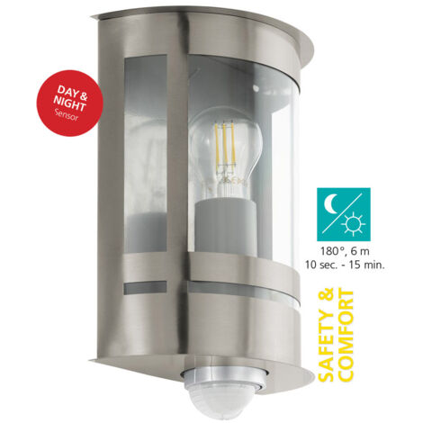 Lampe de paroi extérieure en acier inoxydable Tribano L transparent: 20cm H: 26cm D: 10cm avec capteur jour / nuit IP44 (1/4)
