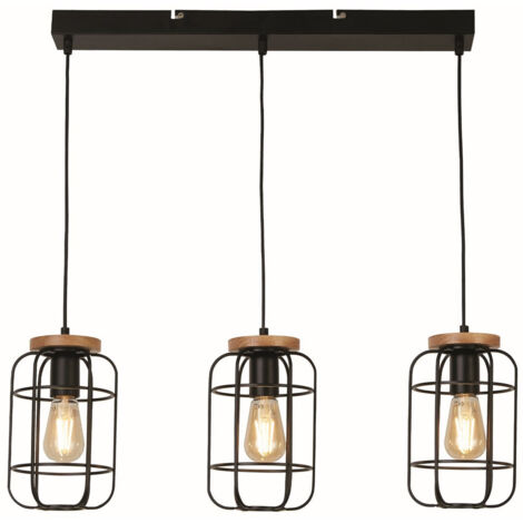 Vision Suspension de plafond à 3 lumières Cage Bar, noir mat et bois (1/4)