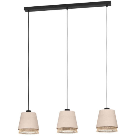 Table légère suspendue en acier noir Textile, Wood Nature, Brown E27 3x40W L: 89cm B: 19cm H: 110cm Dimmable (1/3)
