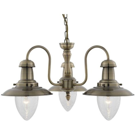 Searchlight Fisherman - Luminaire suspendu à 3 ampoules à bras multiples, laiton antique, verre grainé, E27 (1/3)