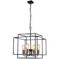 Searchlight CRATE - Pendentif en cage à 4 ampoules à cadre noir avec douilles en bronze