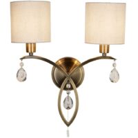 Applique ALBERTO 2L double branches métal Laiton antique,abatjour lin, goutte en cristal E14 2x60w avec inter