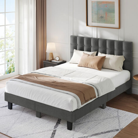 Inre – Lit double 180x200 cm – Structure robuste avec sommier à lattes – Tête de lit capitonnée – Capacité 350 kg – Gris foncé