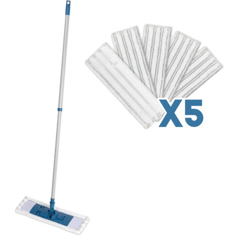 Un Lot de 1 Balai Téléscopique Professionnel et 5 Serpillères Microfibres Grattantes, 40 x 14 cm. pour Laver, Nettoyer et eponger Tous Types de Sols.