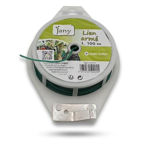 JANY - Lien armé de jardinage - 100 m - Fil de fer gainé plastique vert - Ref 352454 - EAN 3261230502055 - Avec cutter intégré et dévidoir - Voir photos pour détails (1/3)