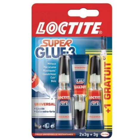 Lot de 3 - LOCTITE - Colle forte liquide instantanée - Super Glue-3 Universal - 3 x 3g - Cyanoacrylate - Ref 1575531 - Résiste à l'eau et au lave-vaisselle - Bouchon anti-séchage - Voir photos pour dé