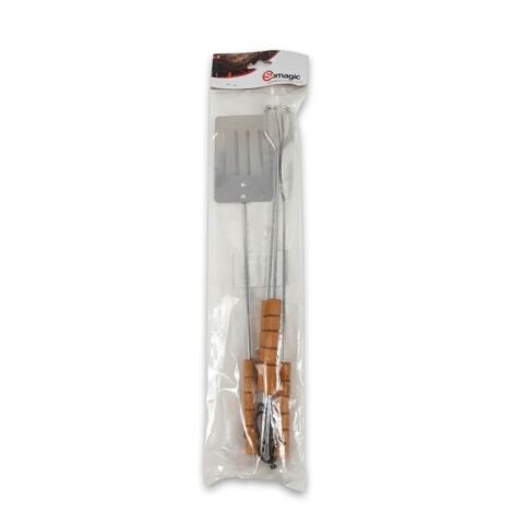 Lot de 3 - SOMAGIC - Accessoires de barbecue - Acier inoxydable et manches bois - Pince 42cm Spatule 40cm Fourchette 39cm - Réf 450240 V17 CDS - EAN 3292194502402 - Cordons de suspension et isolation (1/2)