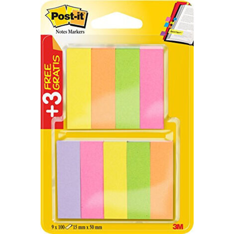 Post-It Marque-Pages En Papier , Couleurs Assorties, 15 mm x 50 mm, Pack Promotionnel, 100 Feuilles, 6 Blocs + 3 Gratuits