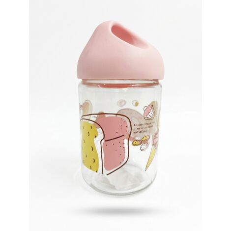 SANS MARQUE-Bocal de conservation en verre-Couvercle rose avec poignée-Illustrations gourmandes-Idéal pour enfants-Voir photos (1/5)