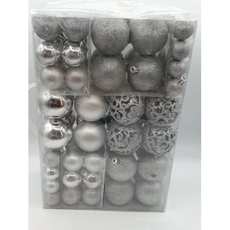 Lot Boules de Noël - Argent - DEUBA GERMANY - Finitions mat brillant pailleté et ajouré - Tailles variées - Boîte de rangement avec poignée et attaches incluses - Voir photos pour détails (1/4)