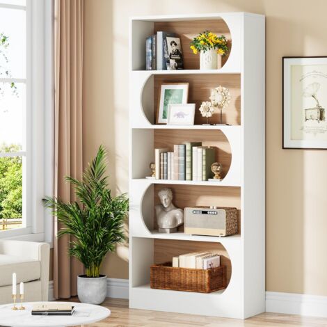 Tribesigns 5-Stöckiges Bücherregal, 180 cm Hohes Standbücherregal mit Lagerregalen, Große Offene Aufbewahrungsregal, Holzregale für Schlafzimmer, Wohnzimmer, Büro, Weiß Und Walnuss (1/5)