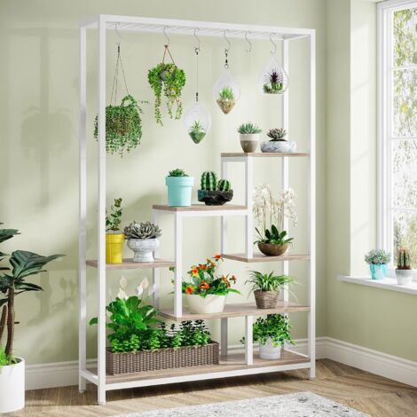 Tribesigns Blumenständer, 5-Tier Pflanzenständer, 180 cm Hoch Metall Pflanzenregal mit 10 S Haken, Blumenregal für Indoor Balkon Boden Blumentreppe Wohzimmer, Weiß und Beige