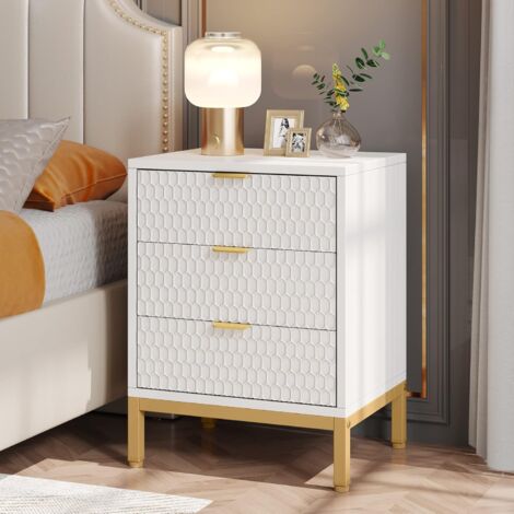 Tribesigns Moderner Nachttisch, 65,5 cm hoch, Nachttisch mit 3 Schubladen, moderner Beistelltisch mit Stauraum für Schlafzimmer, Wohnzimmer, Weiß und Gold (1 Stück)