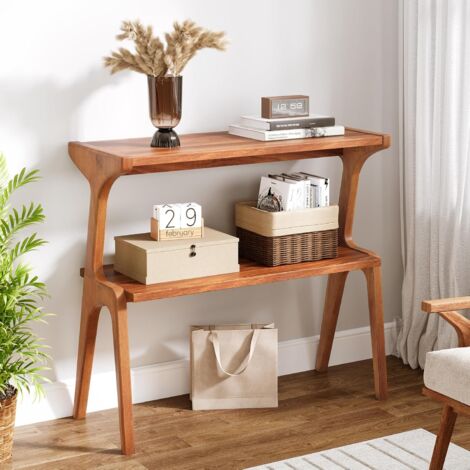 Tribesigns Schmaler Beistelltisch für Wohnzimmer, 2-stufiger schlanker Sofa-Beistelltisch mit Massivholzbeinen,Bauernhaus Langer Nachttisch (1) (1/5)