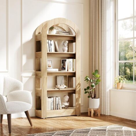Tribesigns 5-stöckiges Bücherregal, bogenförmige Regale, 180 cm hohes Standregal Holzregal Bücherregal, Regal mit 5 Böden, Büroregal, für Wohnzimmer, Lagerregal, Teakfarbe (1/5)