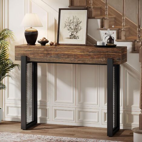 Tribesigns 105cm Konsolentisch mit Stauraum, Industrieller Kleiner Eingangstisch mit Mesh Metallbeinen, Schmaler Sofatisch hinter Couch für Wohnzimmer, Eingang, Foyer, Flur, Rustikal Braun & Schwarz (1/5)