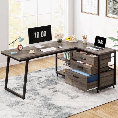 Tribesigns L-förmiger Schreibtisch mit 3 Schubladen, wendbarer Eckschreibtisch für Heimbüro, Computertisch mit Regalen, 134 cm, Industrie-PC-Schreibtisch, Arbeitszimmer, Schreibtisch, Arbeitsplatz für (1/5)