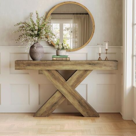 Tribesigns Konsolentisch Schmal 140×30×85 cm mit X-Form Design, Sofatisch und Foyertisch für Wohnzimmer Flur Eingang, Flurtisch Holz Console Table, Rustikal Braun