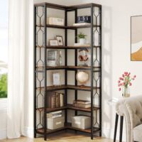 Tribesigns Eck-Bücherregal, 7-stöckiges Industrielles Eckregal, Holz und Metall Ecke Etagere Bücherregal, Freistehendes Lagerregal für Wohnzimmer, Küche, Home Office (Braun)