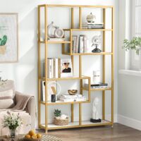 Tribesigns Bücherregal, 180cm Büroregal mit 8 offene Ablagen, Regal mit Metallrahmen, Moderne Gold Standregal für Wohnzimmer, Arbeitszimmer, Büro, weiß+Gold