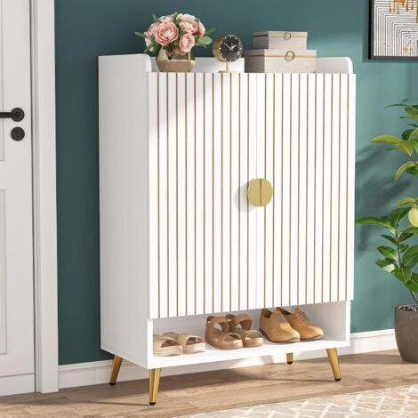 Tribesigns Zapatero con 2 puertas, 75 x 37 x 110 cm, zapatero con marco de metal dorado, zapatero estrecho de 7 pisos para 25 pares de zapatos, estantería para entrada, armario de pasillo, salón,